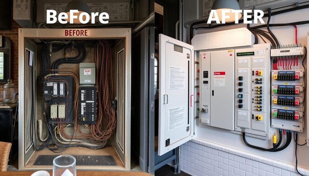 Before and after of an electrical upgrade by Melbourne electrical contractors at a Fitzroy café Before and after of an electrical upgrade by Melbourne electrical contractors at a Fitzroy café