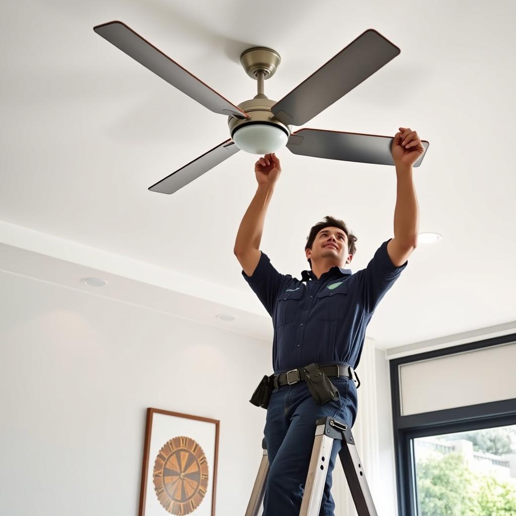 Domestic electrician installing ceiling fan in Melbourne home Domestic electrician installing ceiling fan in Melbourne home