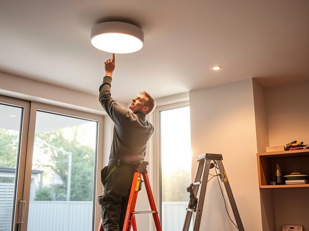 Electrical contractors in Melbourne installing modern lighting in a residential home Electrical contractors in Melbourne installing modern lighting in a residential home