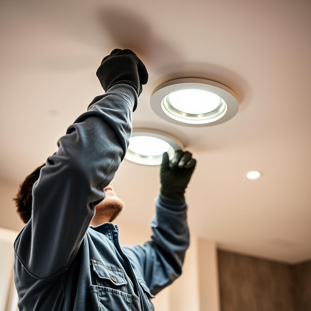 Electrician installing LED downlights in Melbourne home Electrician installing LED downlights in Melbourne home