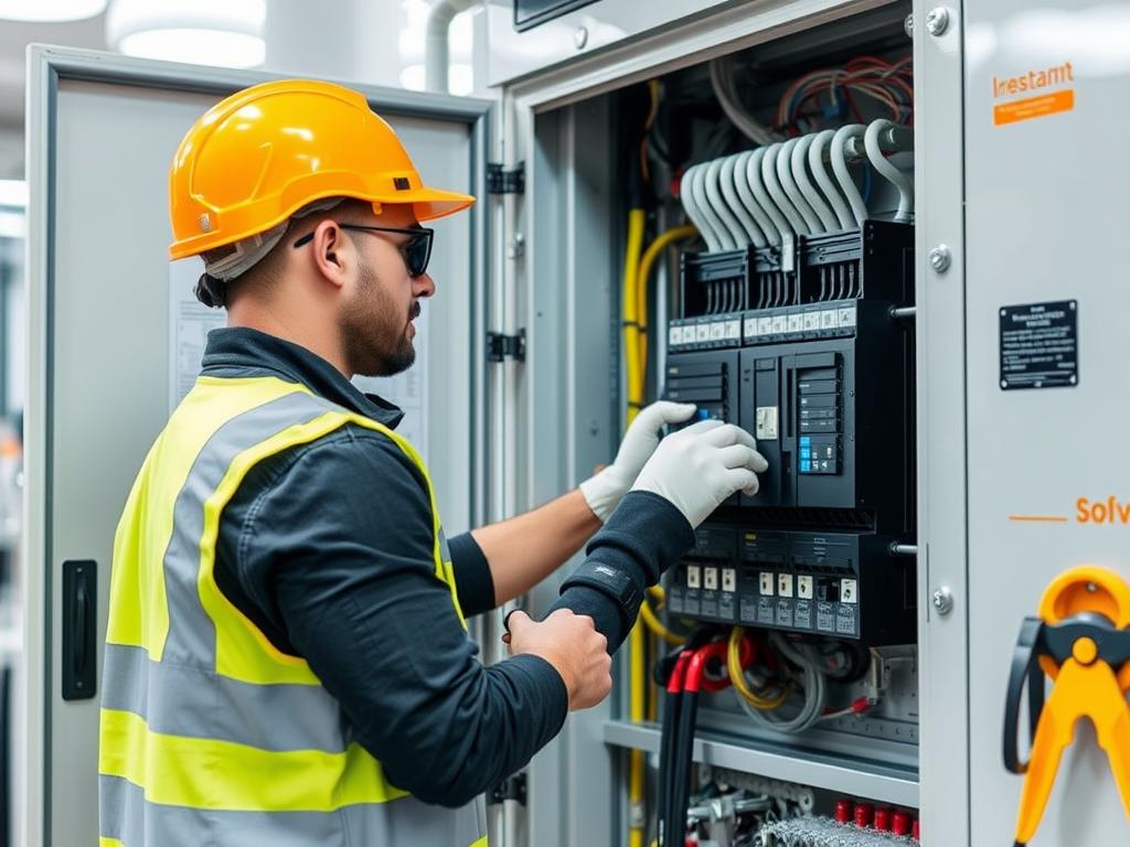 Electrician working on switchboard in Melbourne commercial building Electrician working on switchboard in Melbourne commercial building