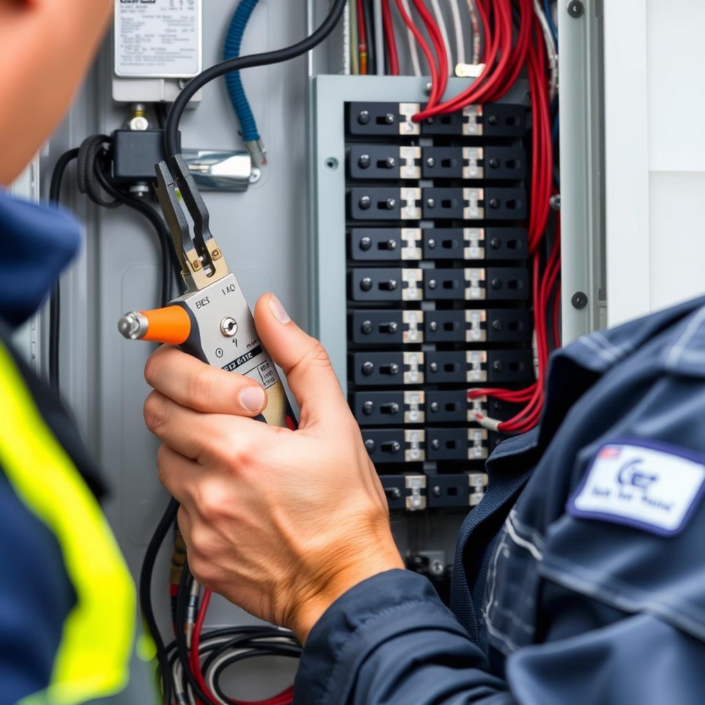 Licensed Melbourne electrician working on modern switchboard Licensed Melbourne electrician working on modern switchboard