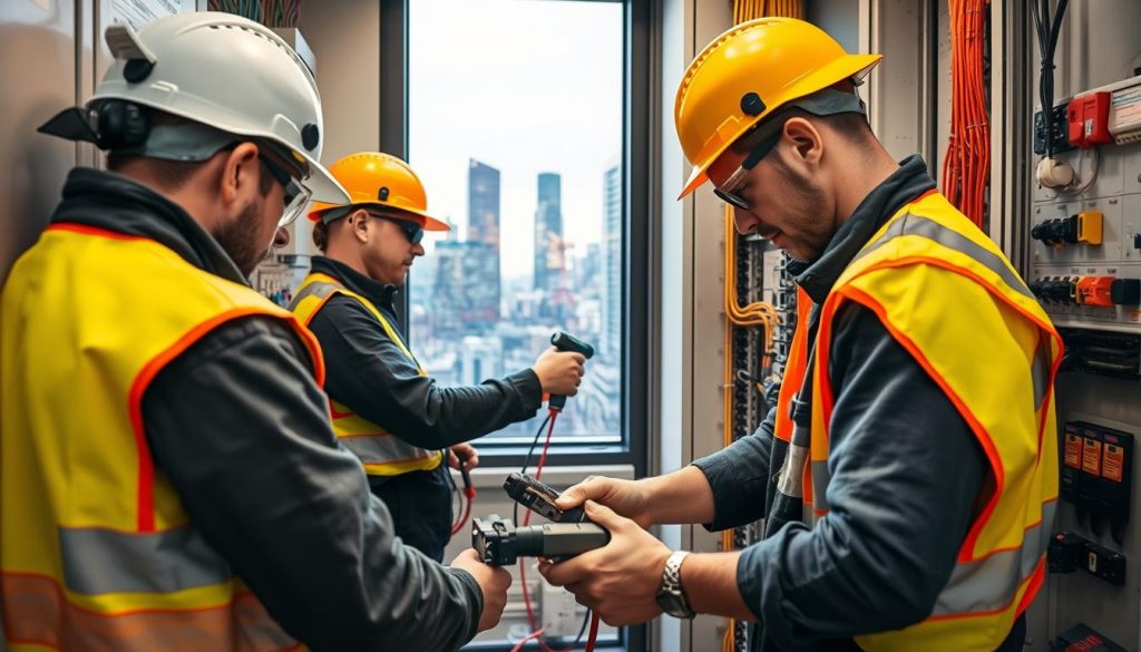 Professional electrical contractors in Melbourne working on a commercial electrical panel