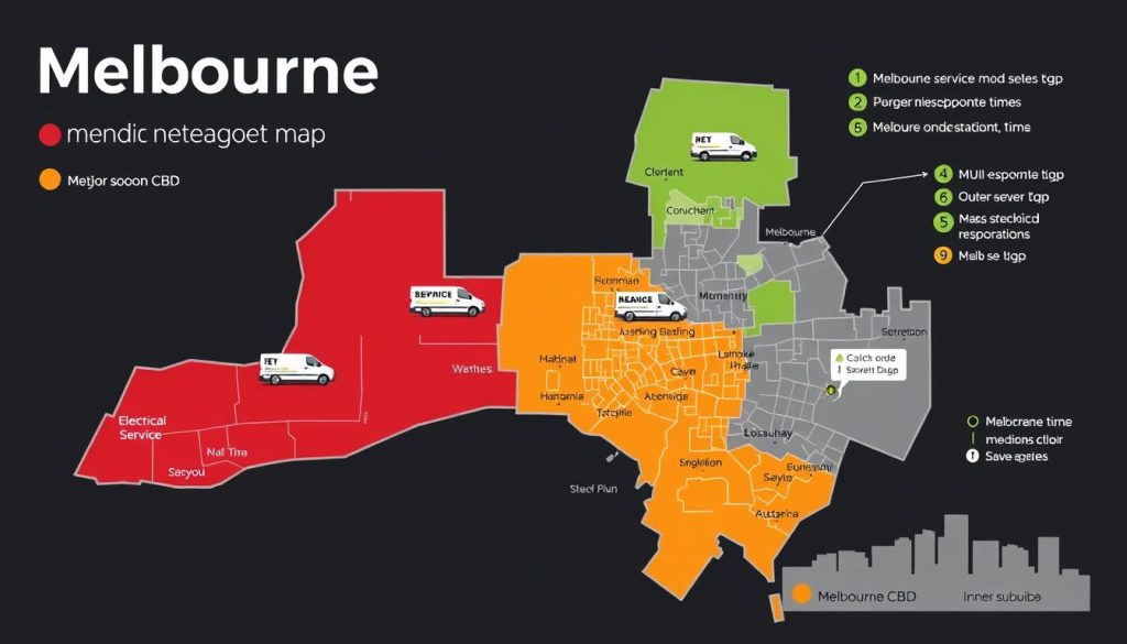 Map showing Melbourne electrician service areas with service vans across the city