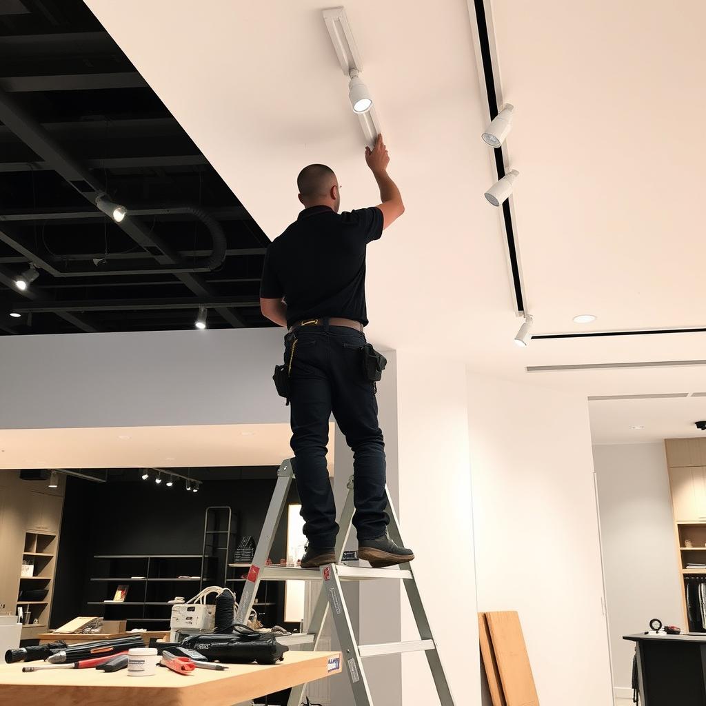 Melbourne electrician installing commercial lighting in a retail space