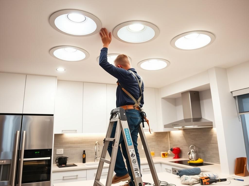 Melbourne electrician installing energy-efficient LED lighting system in a home
