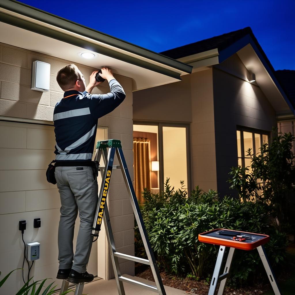 Melbourne electrician installing outdoor security lighting in a western suburb home