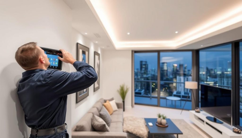 Melbourne electrician installing smart home automation system with touchscreen controls