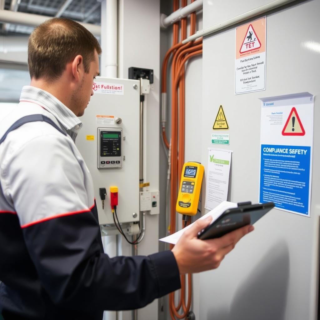 Melbourne electrician performing safety testing in a commercial building