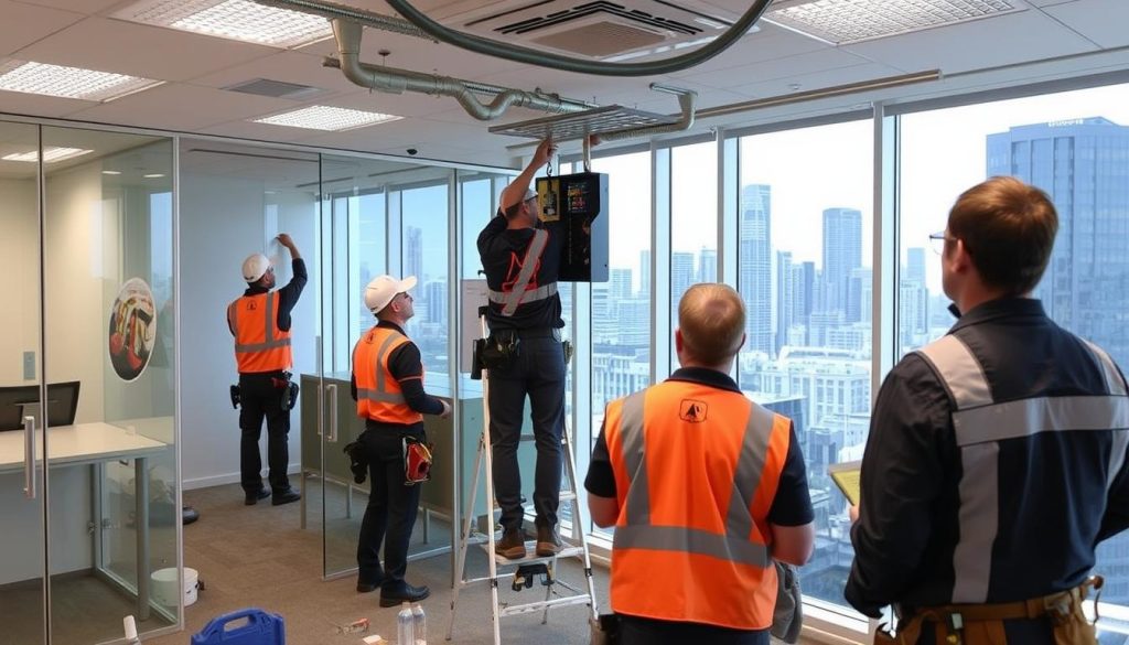 Melbourne electricians working on commercial electrical installation in a Melbourne CBD office