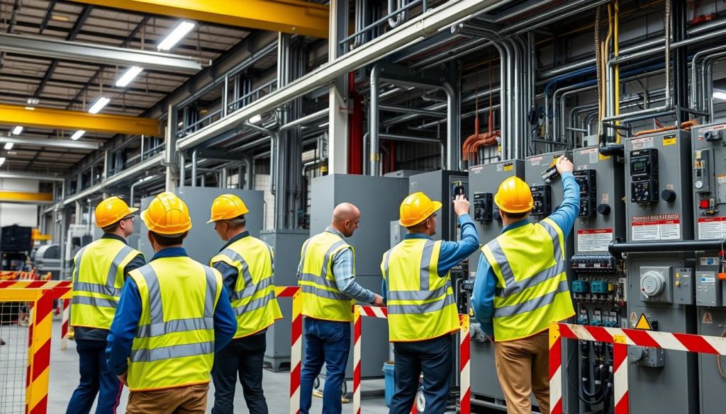 Melbourne electricians working on industrial electrical systems in a manufacturing facility