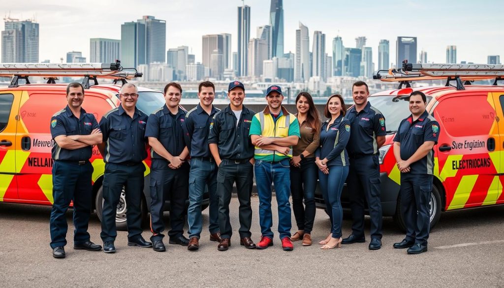 Professional Melbourne electrician team with service vans and equipment