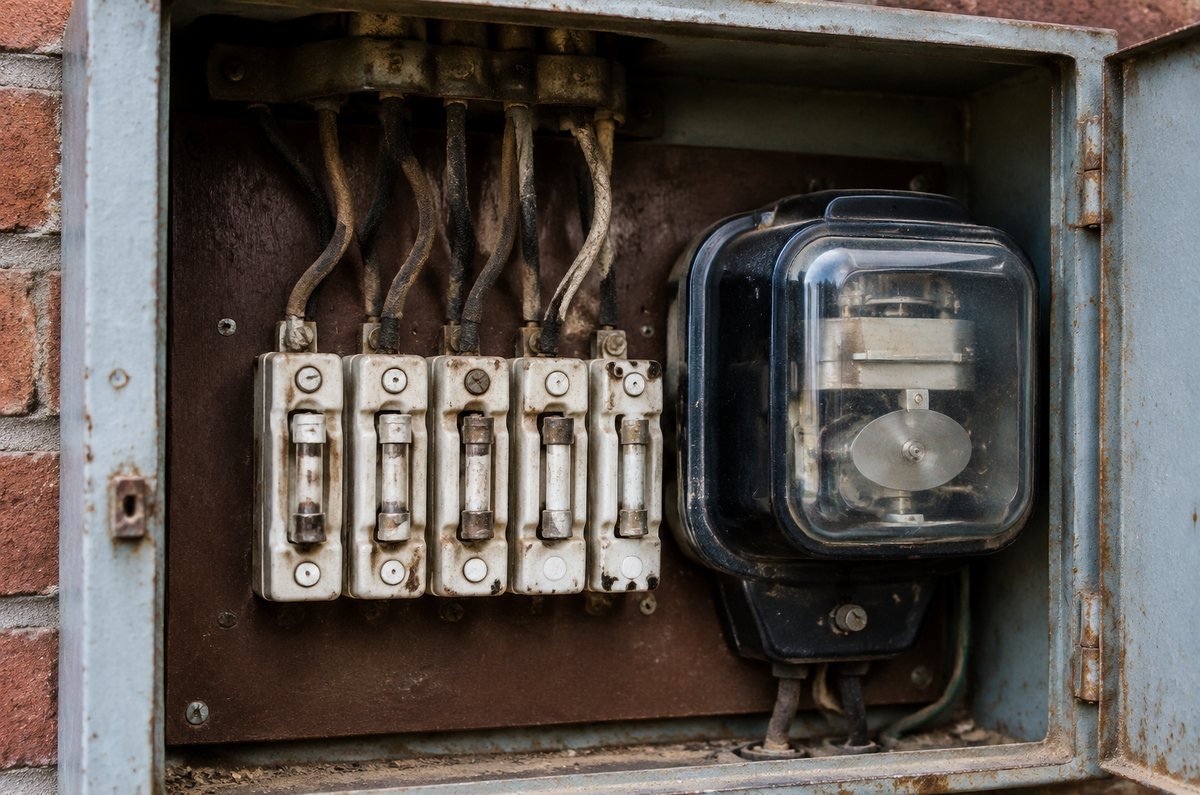 Old ceramic fuse board and spinning-disc electricity meter inside a rusty meter box on a brick wall