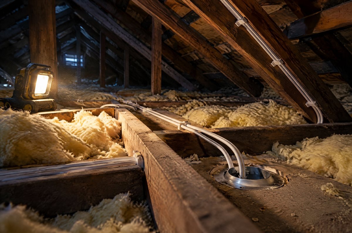 New white TPS cables clipped along hardwood rafters and joists in a roof cavity during a house rewire